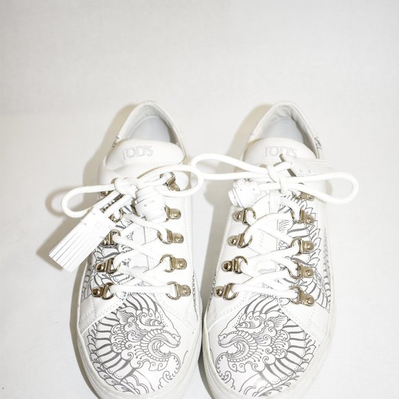 $900 TOD new $900 TOD\'S TATOO-INSPIRED LACE UP SNEAKERS LEATHER WHITE 39.5 (JB30)